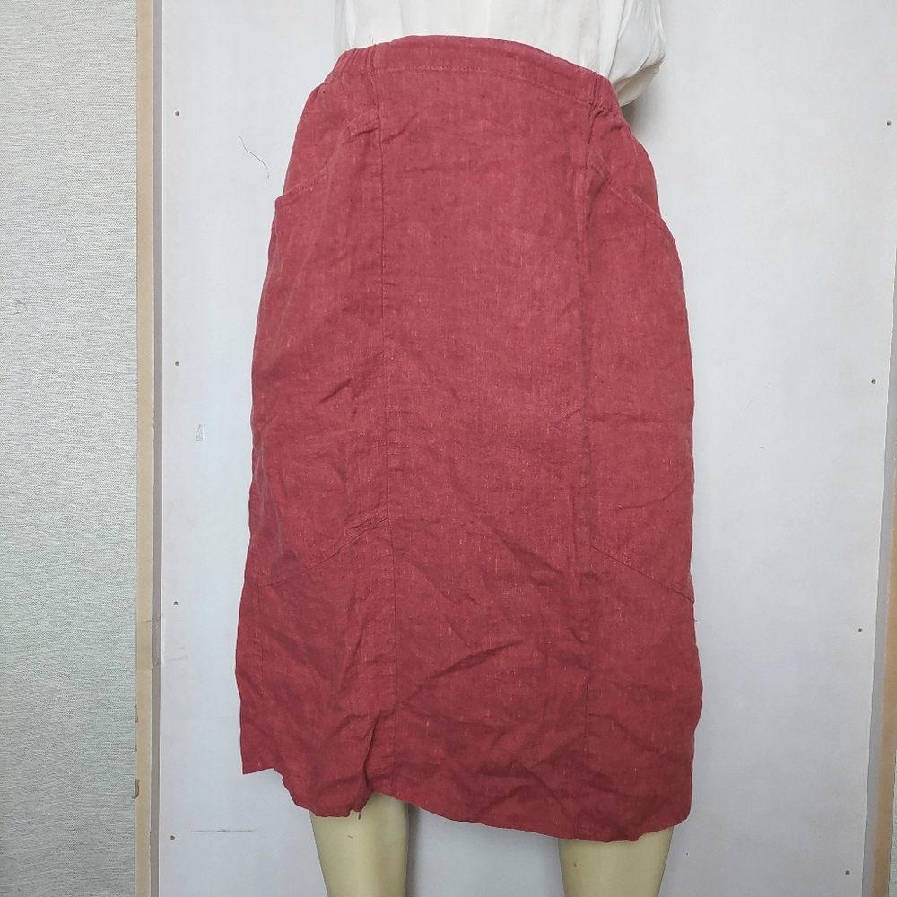 Flax Linen Pencil Skirt Knee-Length Casual Shade of red color Front Pockets